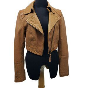 Aritzia Mackage Kenya Brown Lamb Leather Jacket Cropped Moto Y2K Style Zippers
